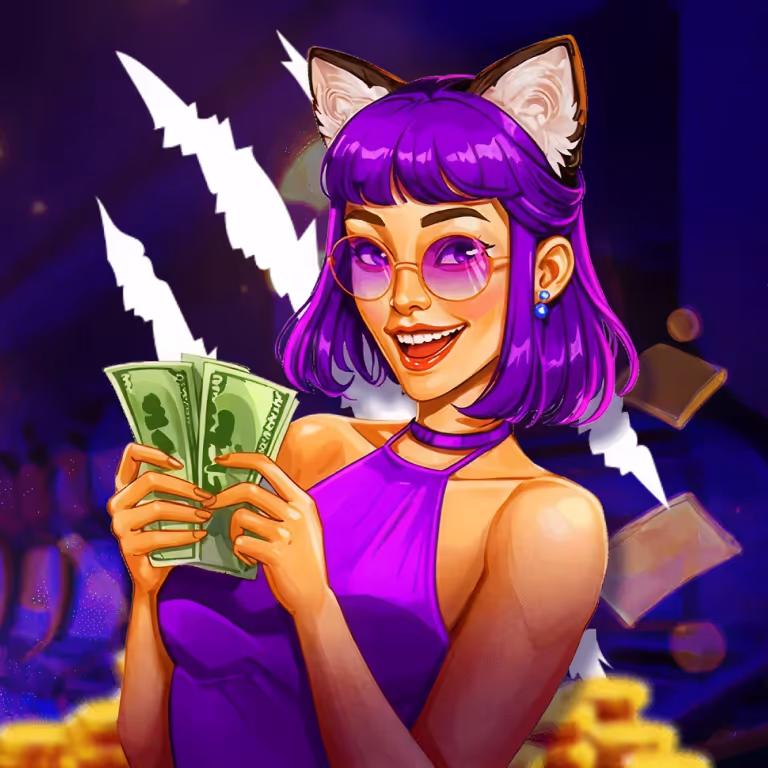 Cheerful female character with purple hair holding a fan of cash and surrounded by floating gold coins.